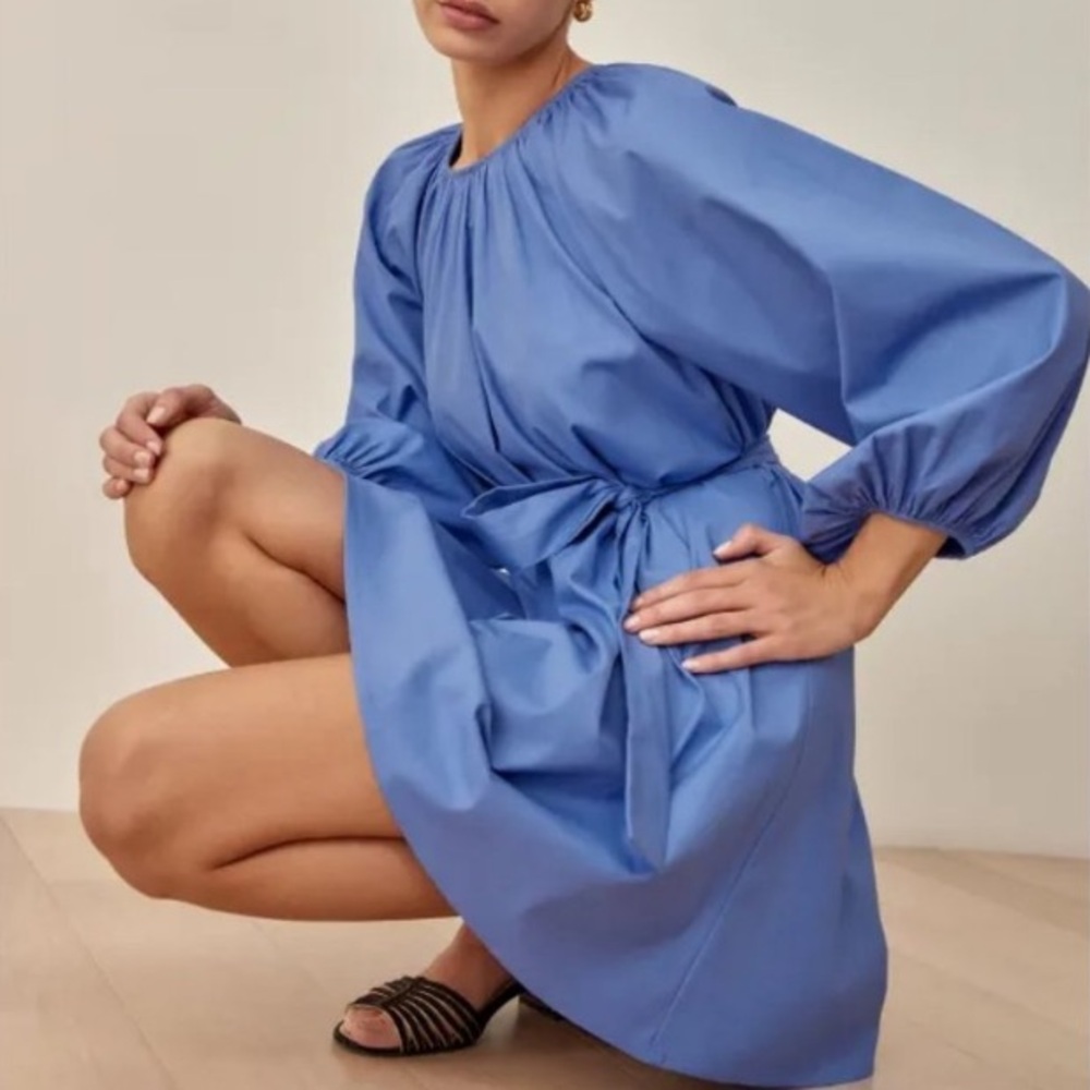 Reformation Blue Dusk Puff Long Sleeve Organic Cotton Belted Waist Rennae Dress - Picture 12 of 13